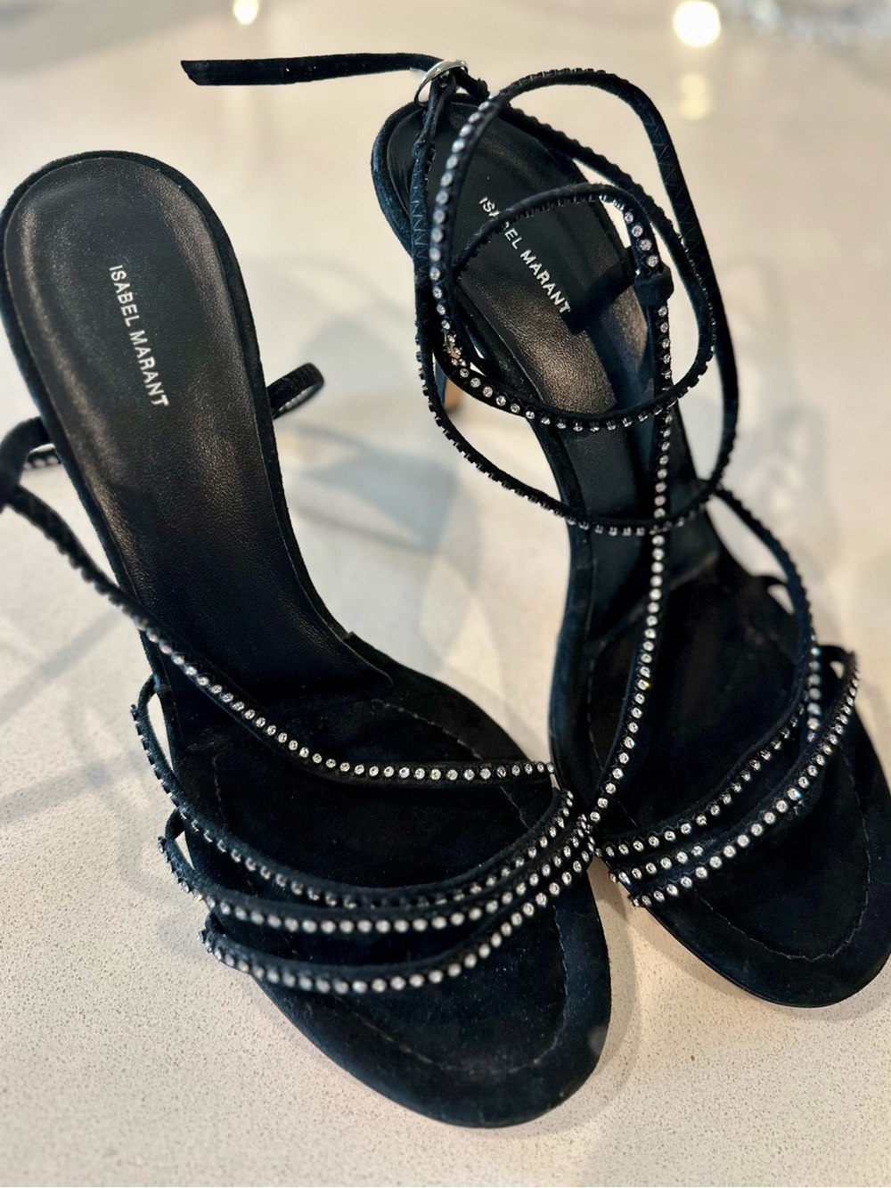 Isabel Marant Black Crystal-Stud Suede Lace-Up Heels